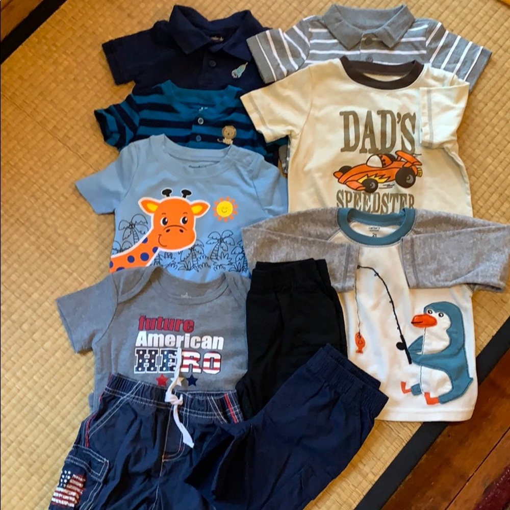 A 10 pc set mix of 5 onesies, 2 tops and 3 shorts